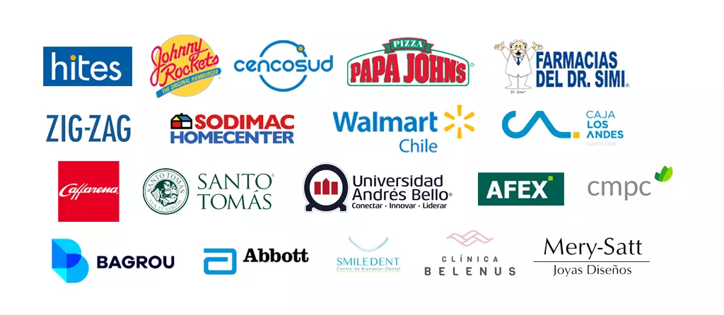 marcas HITES,JOHNNY ROCKETS,CENCOSUD,PAPA JOHNS,FARMACIAS DE SIMILARES CHILE S.A.,AFEX LTDA.,EDITORIAL ZIG ZAG,SODIMAC,WALMART,CAJA LOS ANDES,CMPC,CAFFARENA,CEMENTERIO GENERAL,CERAGEM CHILE,SOCIEDAD ODONTOLOGICA DE CHILE,INSTITUTO SANTO TOMAS,UNIVERSIDAD ANDRES BELLO